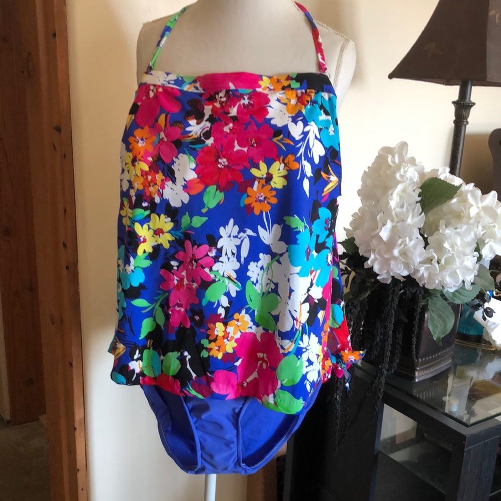 Swim Solutions Blue and Pink One Piece Halter Swimsuit